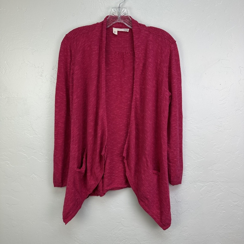 Eileen Fisher Sweater Womens Medium Pink Open Front Cardigan Draped Linen Cotton